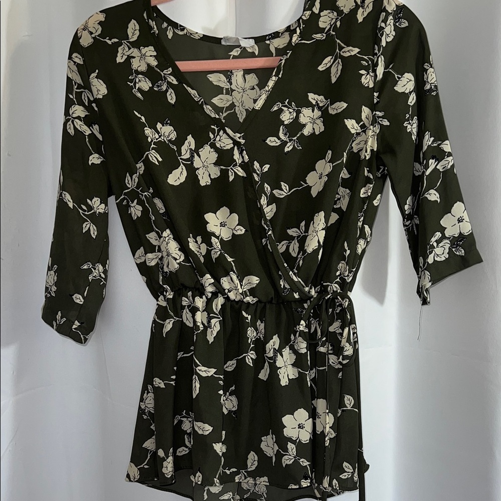 Floral Wrap Top - Olive Green and White